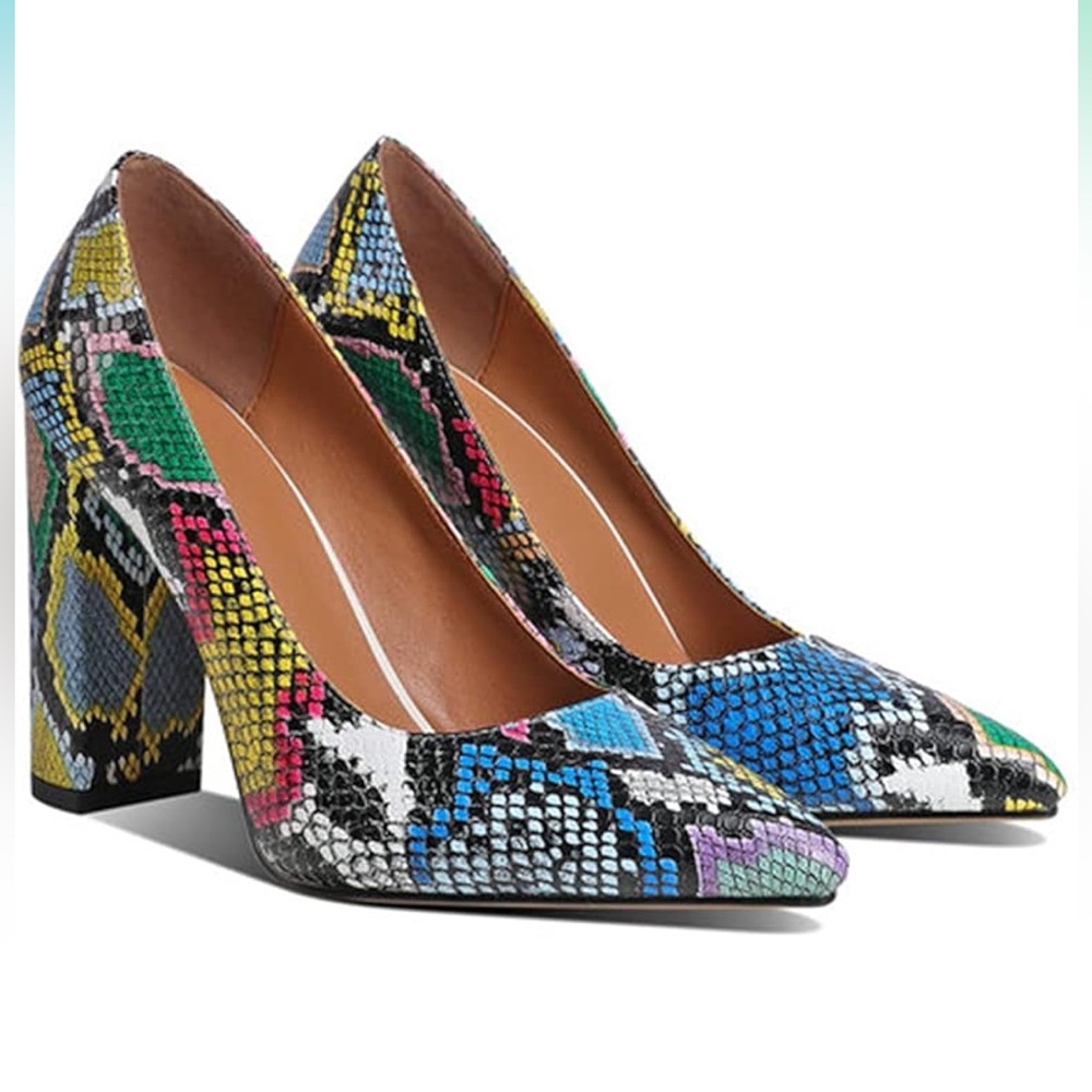 Women Chunky High Heel Pumps Pointed Closed Toe Colorful Snakeskin Size: 4